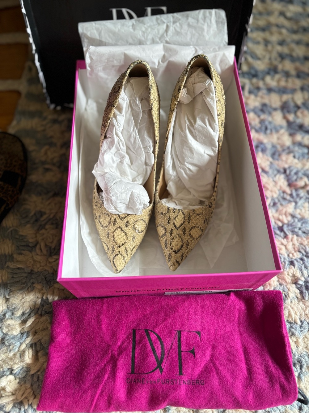 Diane Von Furstenberg Gold Snakeskin-Print Pointed Toe Pumps